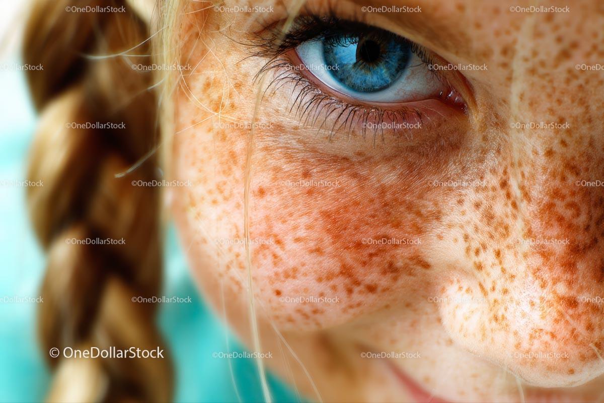 Close-Up of Blue-Eyed Child with Freckles and Braided Hair