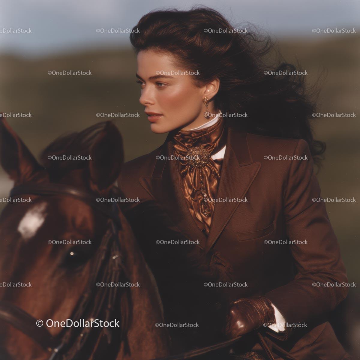 Elegant Woman Riding Horse in Vintage Equestrian Attire