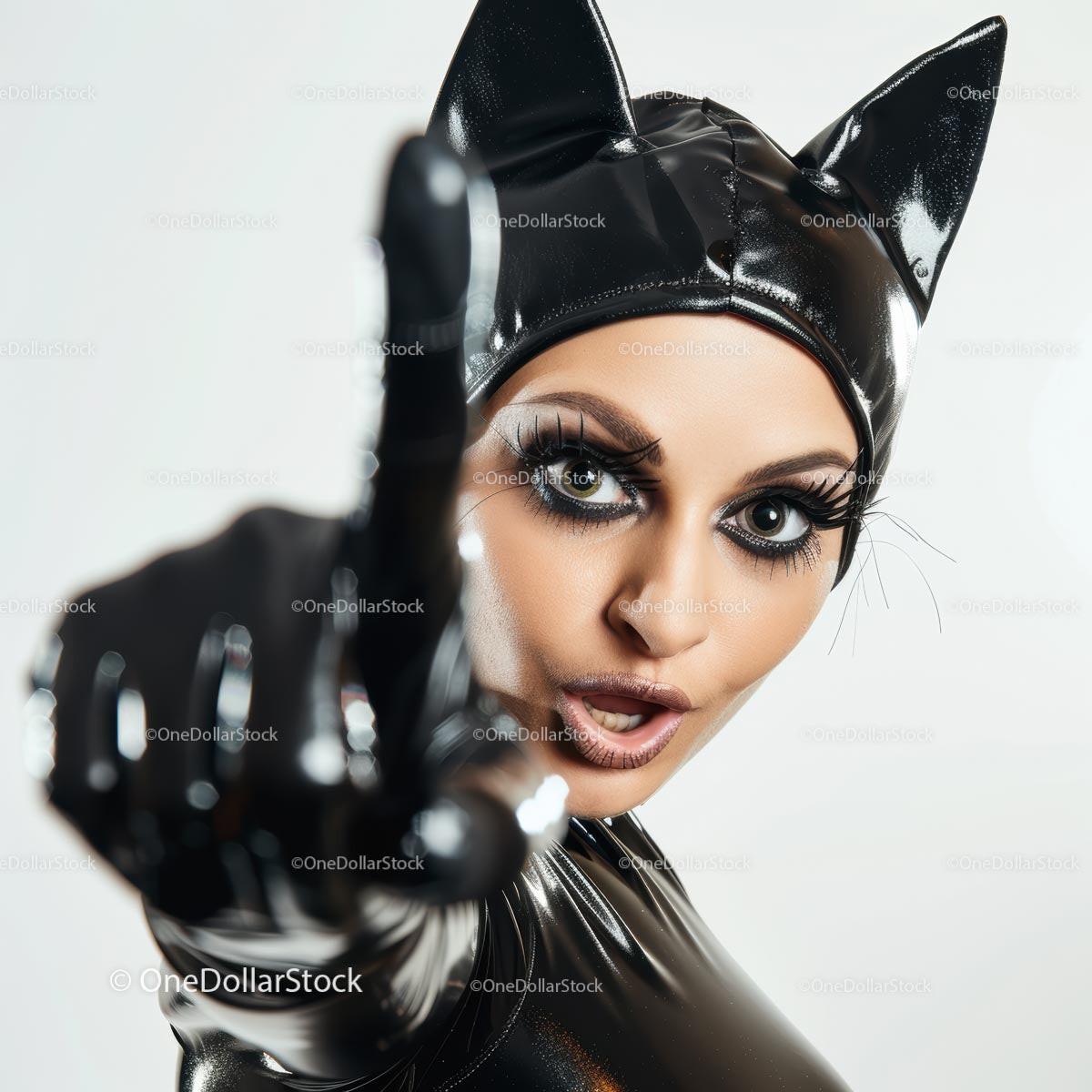 Woman in Glossy Black Latex Costume with Cat Ears
