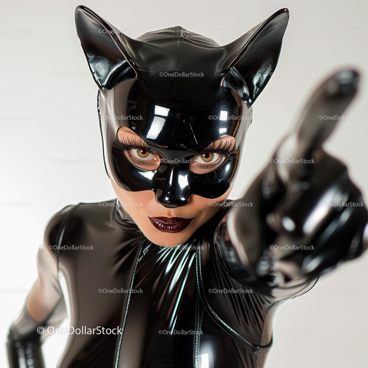 Dynamic Catwoman Cosplay in Shiny Black Latex Costume