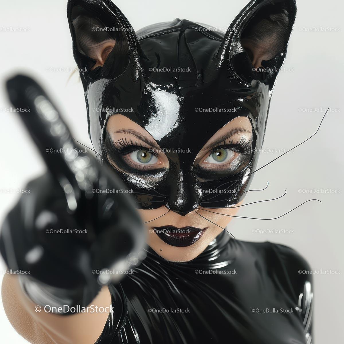 Mysterious Catwoman in Shiny Black Latex Costume