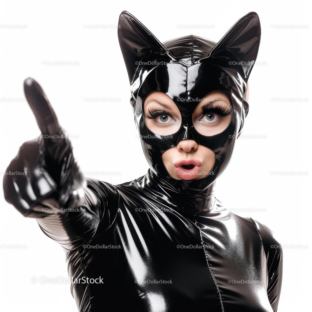 Woman in Black Cat Cosplay Costume with Dramatic Pose