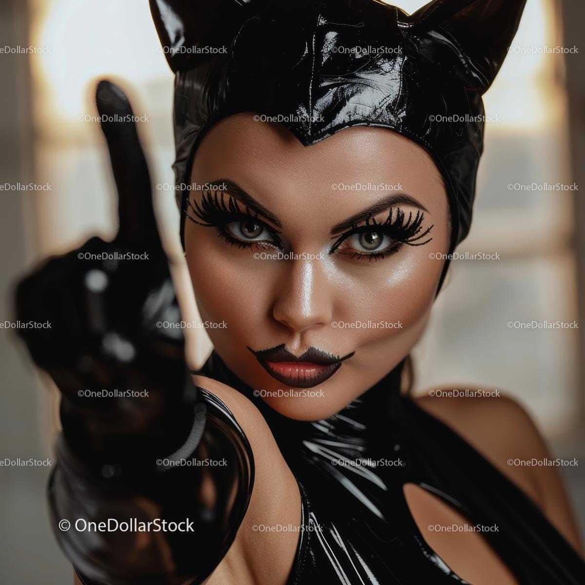 Mysterious Woman in Black Cat Costume with Bold Makeup