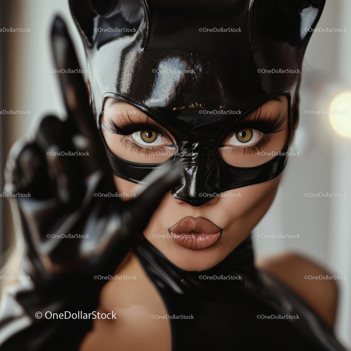 Fierce Woman in Black Latex Costume with Cat Ears