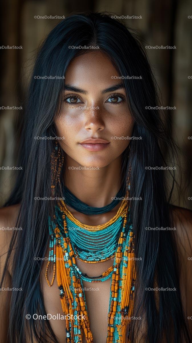 Woman with Vibrant Tribal Necklace and Long Hair