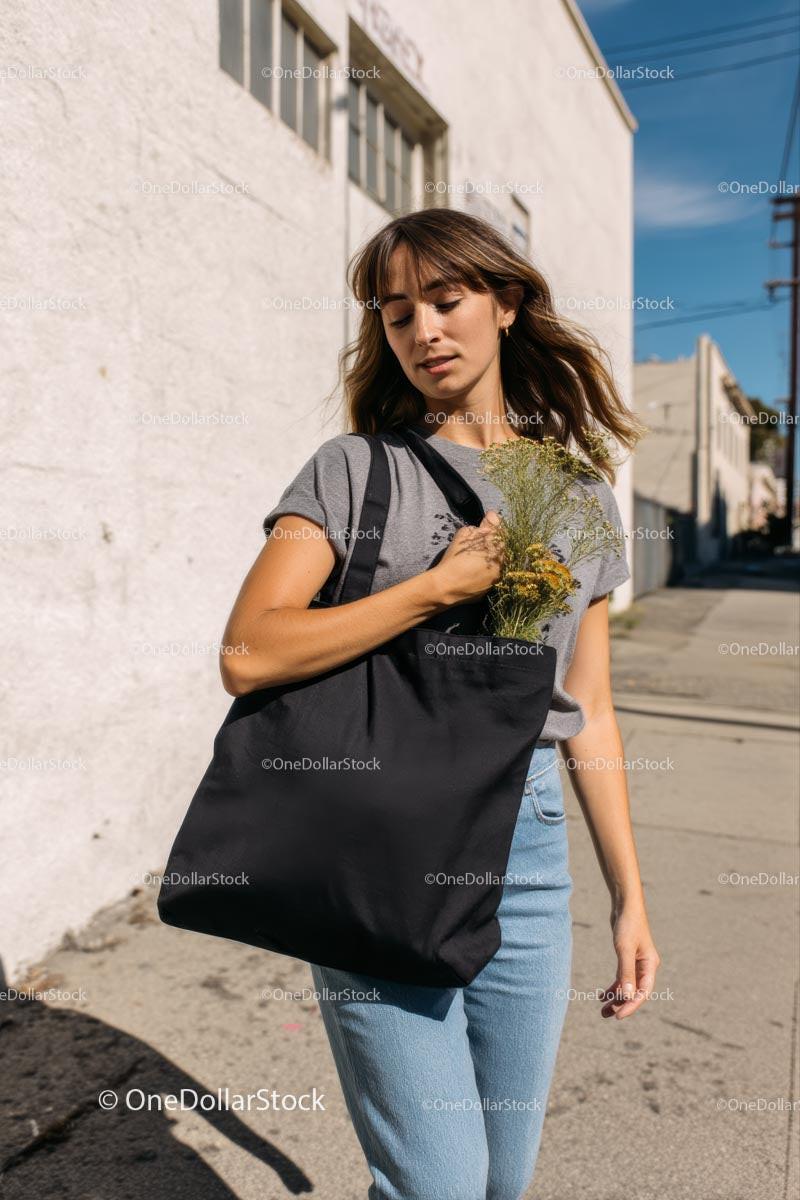 Young Woman in Casual Outfit with Tote Bag on Sunny Street