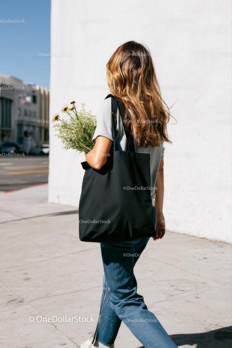 Woman with Black Tote Bag and Flowers on Sunny Street