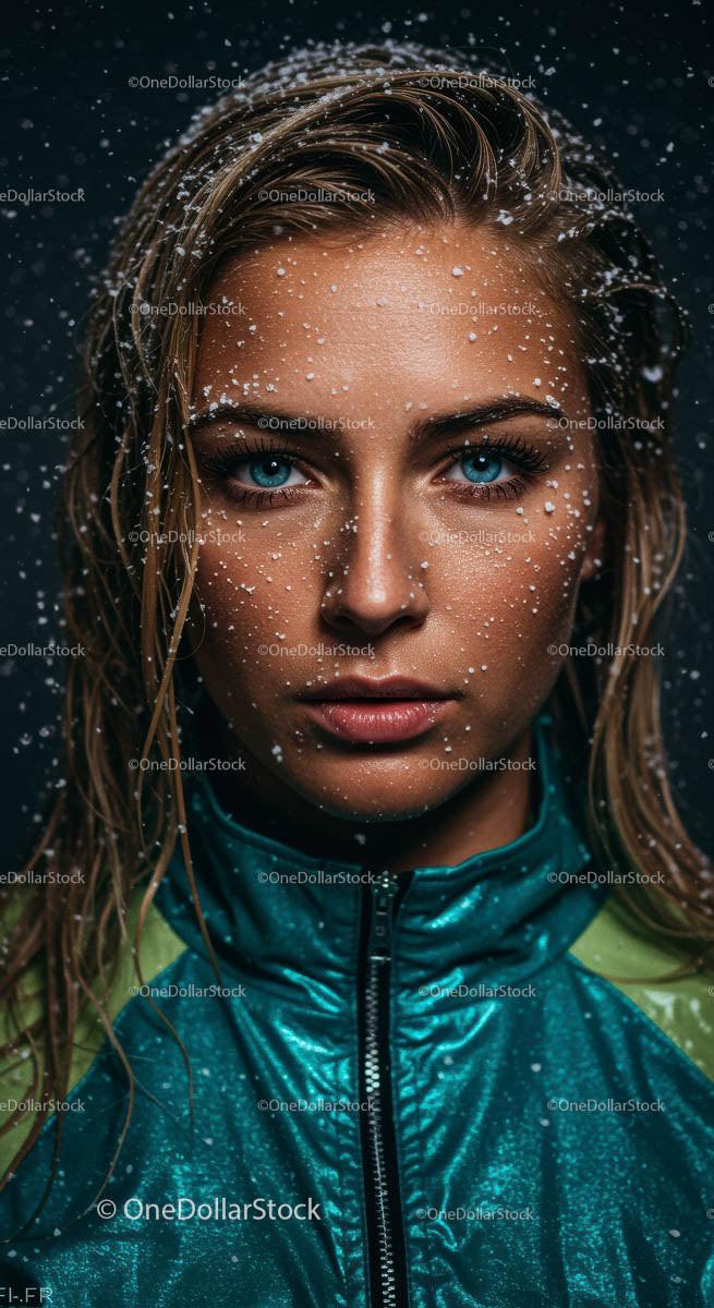 Blue-Eyed Woman in Green Jacket Covered in Snowflakes