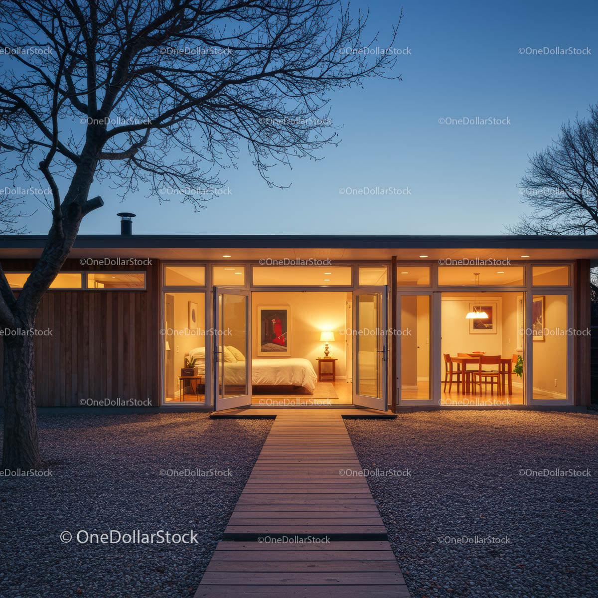 Modern Glass-Front House with Warm Interior Lighting at Dusk