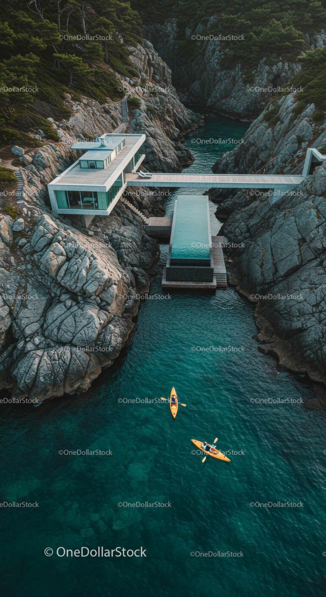 Modern Cliffside House with Kayakers in Blue Waters