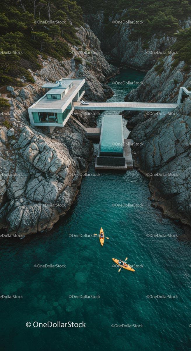 Luxury Cliffside Home with Kayakers on Turquoise Waters Stock Photo Bundle creative preview 4