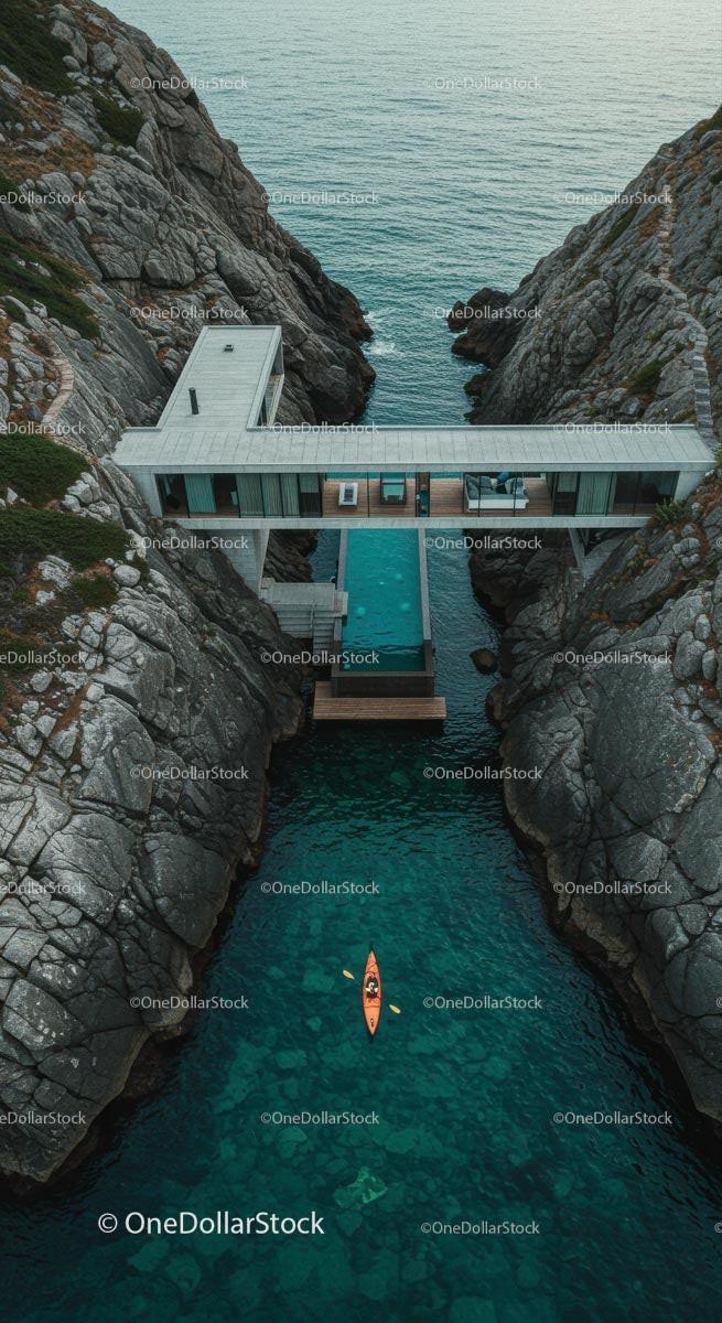 Luxury Cliffside Home with Kayakers on Turquoise Waters Stock Photo Bundle preview 6