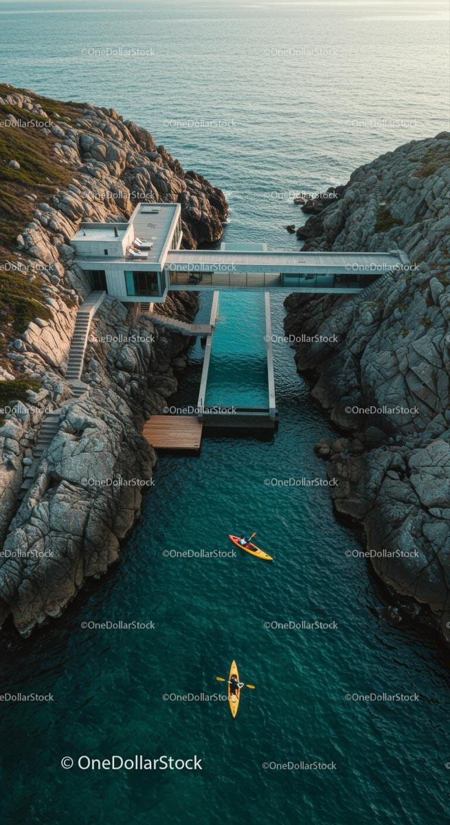 Luxury Cliffside Home with Kayakers on Turquoise Waters Stock Photo Bundle preview 8
