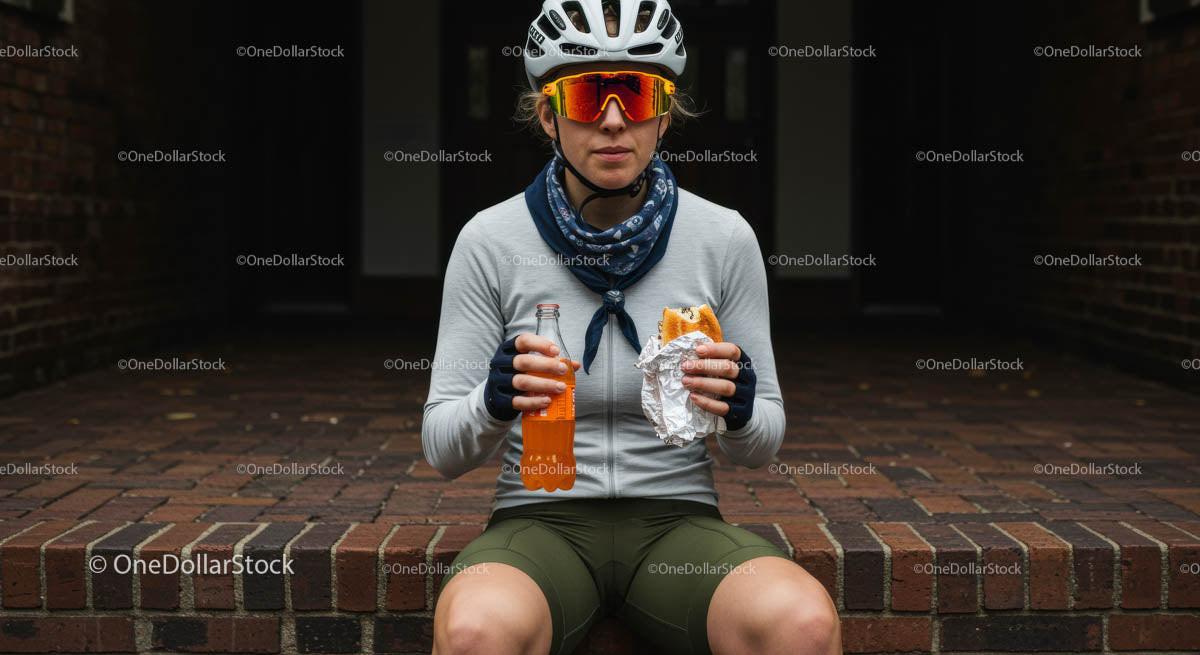 Female Cyclist Taking a Break with Snack and Drink