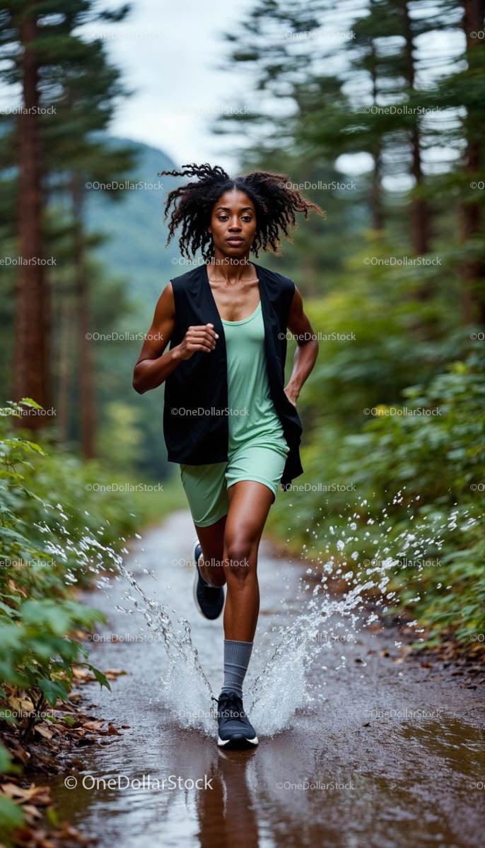 Woman Running Through Forest Trail with Determination