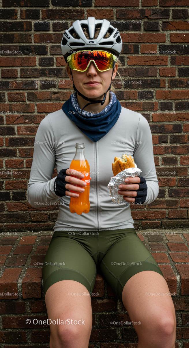 Cyclist Enjoying a Mid-Ride Snack by a Brick Wall