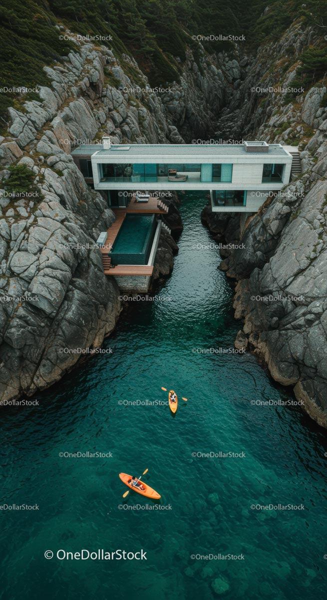 Luxury Cliffside Home with Kayakers on Turquoise Waters Stock Photo Bundle preview 10