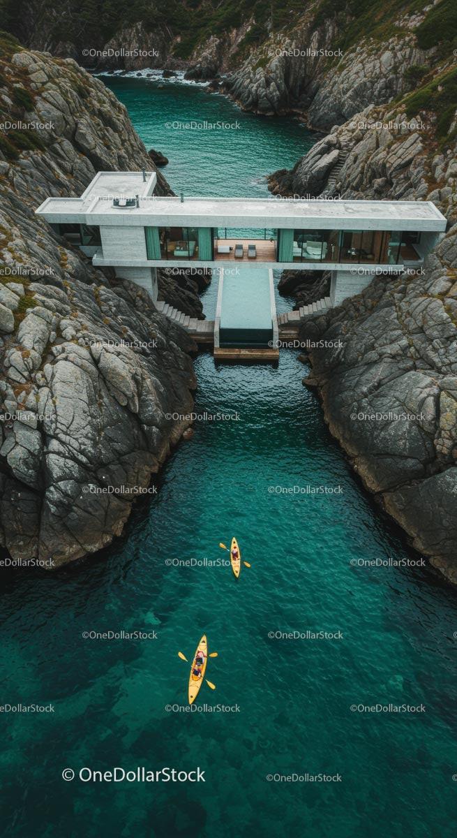 Luxury Cliffside Home with Kayakers on Turquoise Waters Stock Photo Bundle preview 11