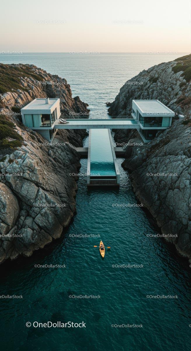 Luxury Cliffside Home with Kayakers on Turquoise Waters Stock Photo Bundle preview 13