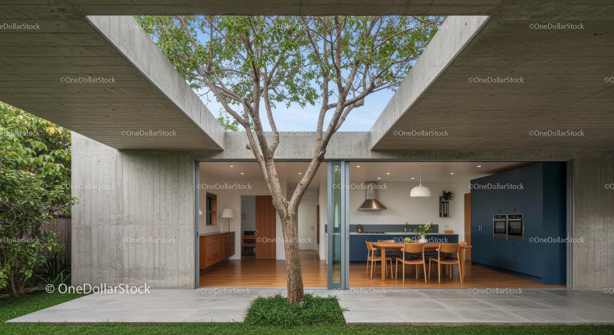 Modern Concrete Home with Open Plan Kitchen and Courtyard Tree