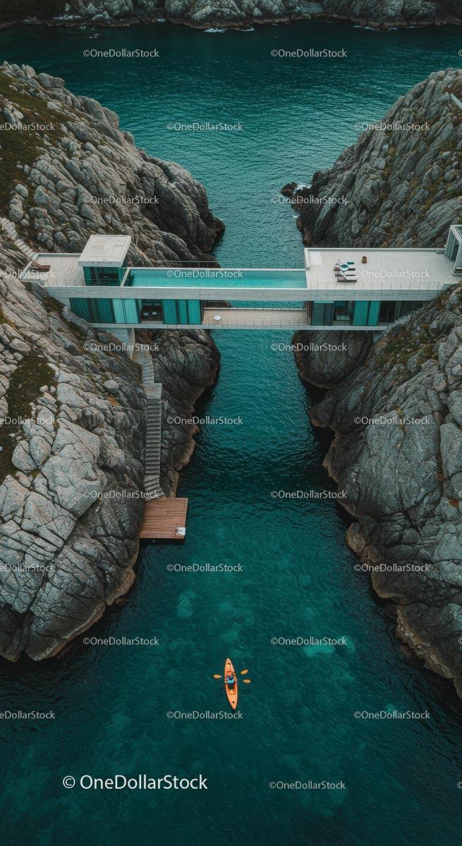 Luxury Cliffside Home with Kayakers on Turquoise Waters Stock Photo Bundle preview 18