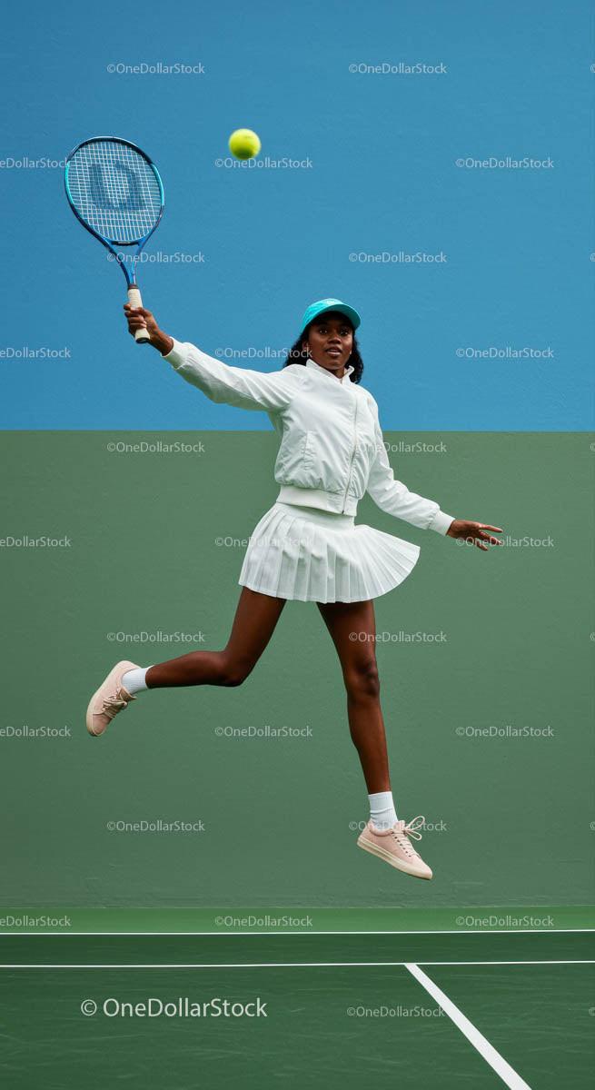 Athletic Female Tennis Player in Action on Green Court