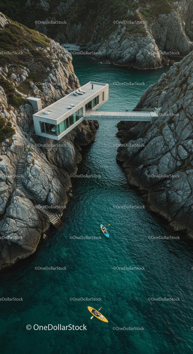 Luxury Cliffside Home with Kayakers on Turquoise Waters Stock Photo Bundle preview 24
