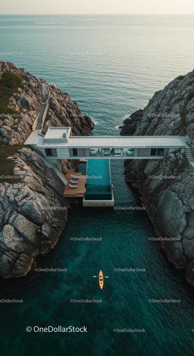 Luxury Cliffside Home with Kayakers on Turquoise Waters Stock Photo Bundle preview 26