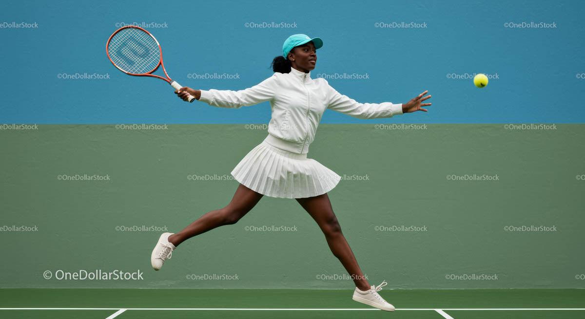 Dynamic Female Tennis Player in Mid-Swing Action