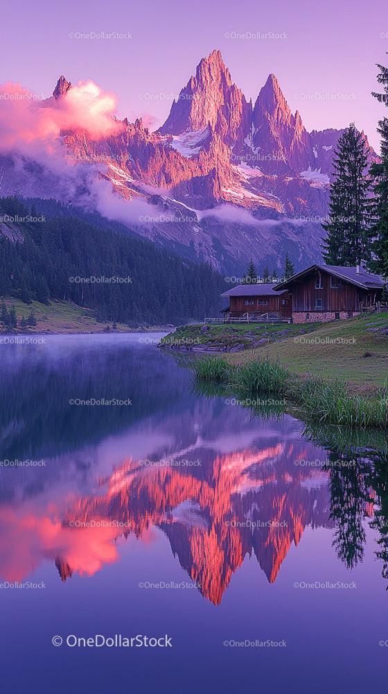 Mountain Reflection at Sunset with Wooden Cabin in Alpine Setting