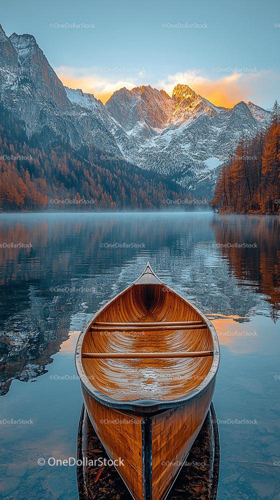 Canoe on a Misty Mountain Lake with Snowcapped Peaks