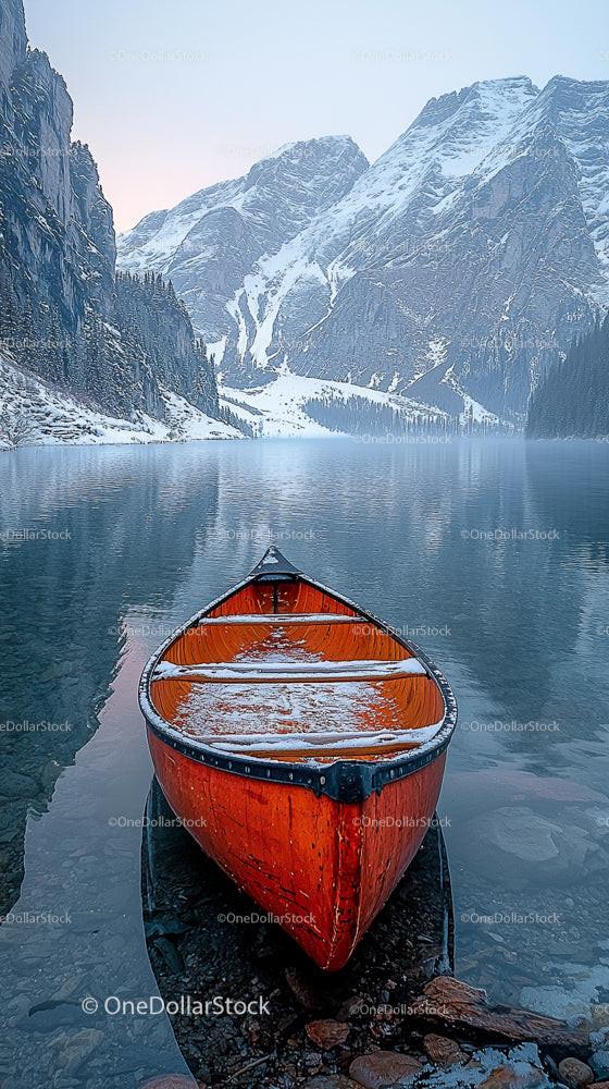Red Canoe on a Serene Lake with Snow-Capped Mountains