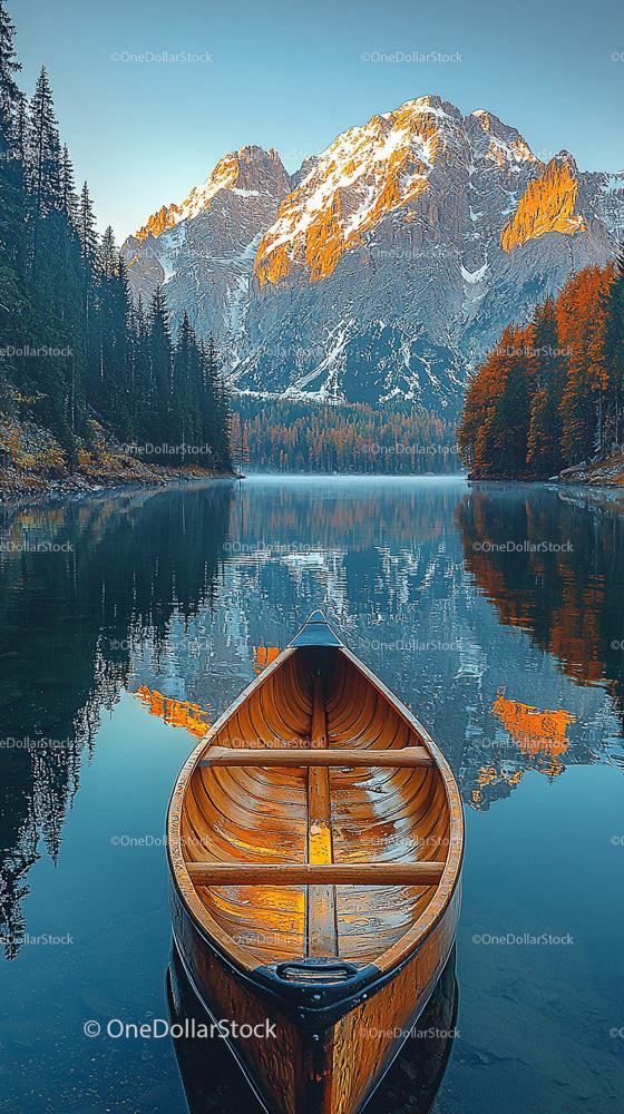 Canoe on Tranquil Lake with Majestic Snow-Capped Mountains