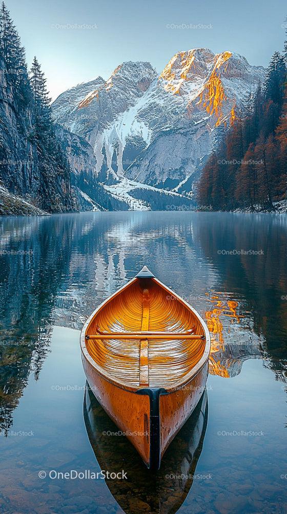 Canoe on a Tranquil Lake with Majestic Snow-Capped Mountains