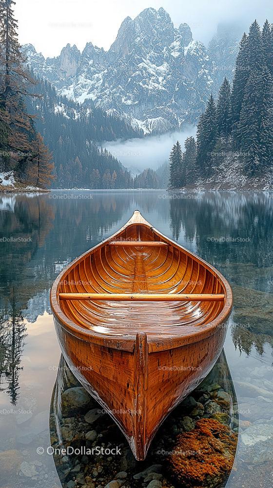 Tranquil Wooden Boat on Reflective Alpine Lake