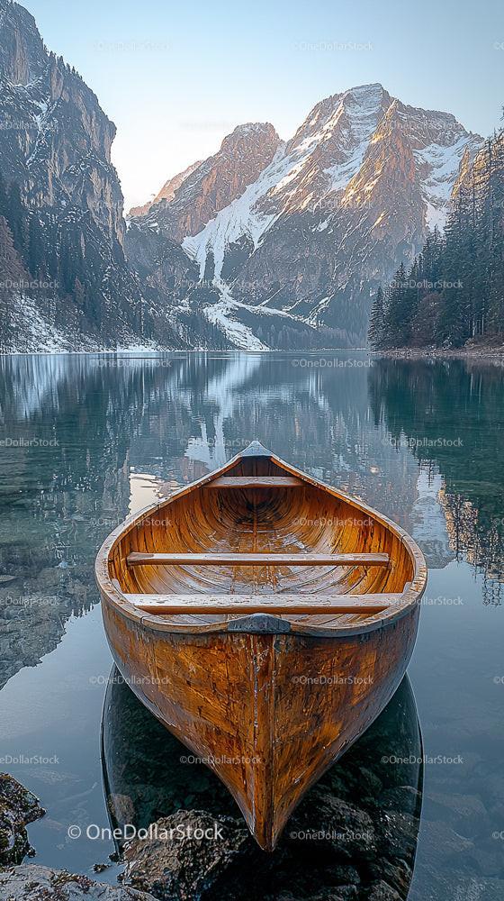 Wooden Boat on Tranquil Mountain Lake with Snowy Peaks