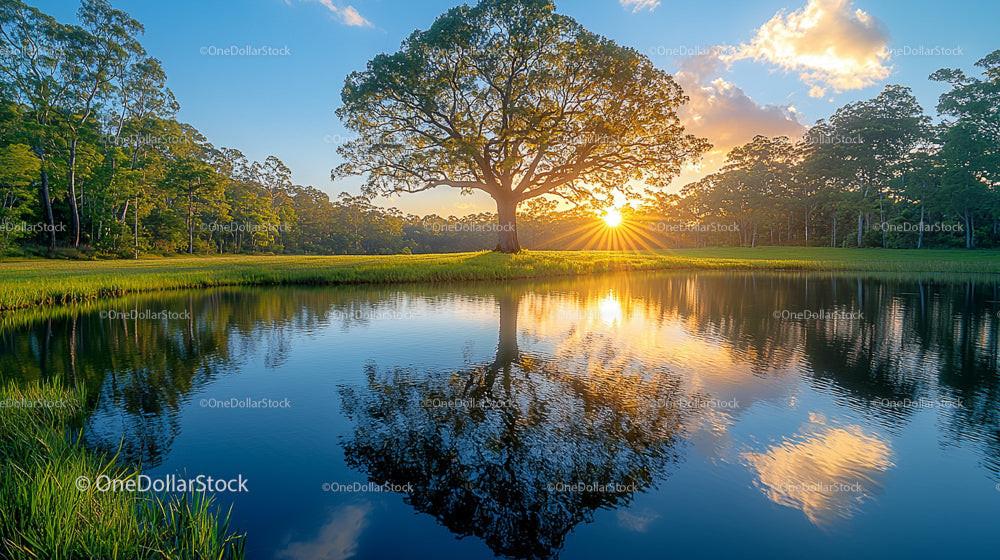 Majestic Tree Reflected in Tranquil Lake at Sunset