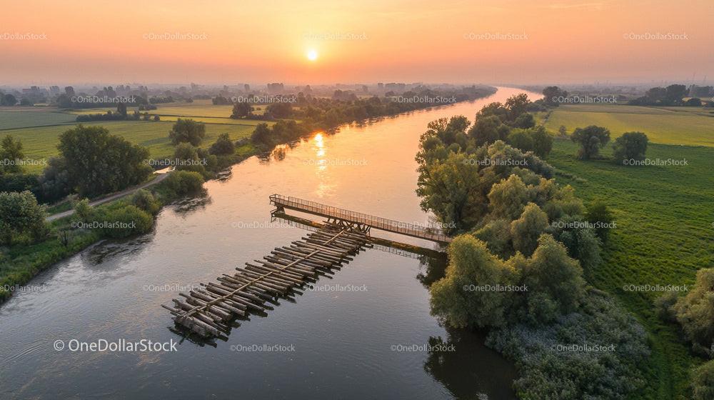 Sunrise Over Tranquil River with Wooden Floating Bridge