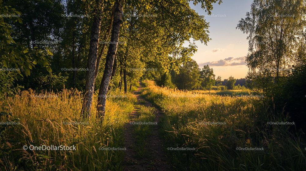 Golden Hour Sunlight Illuminating a Serene Forest Path
