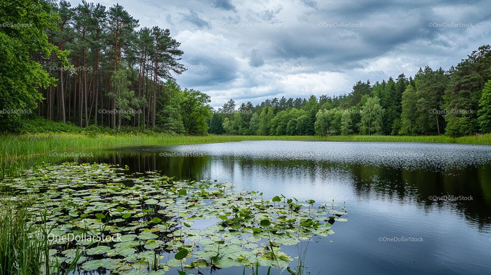 Tranquil Forest Lake with Water Lilies and Pine Trees