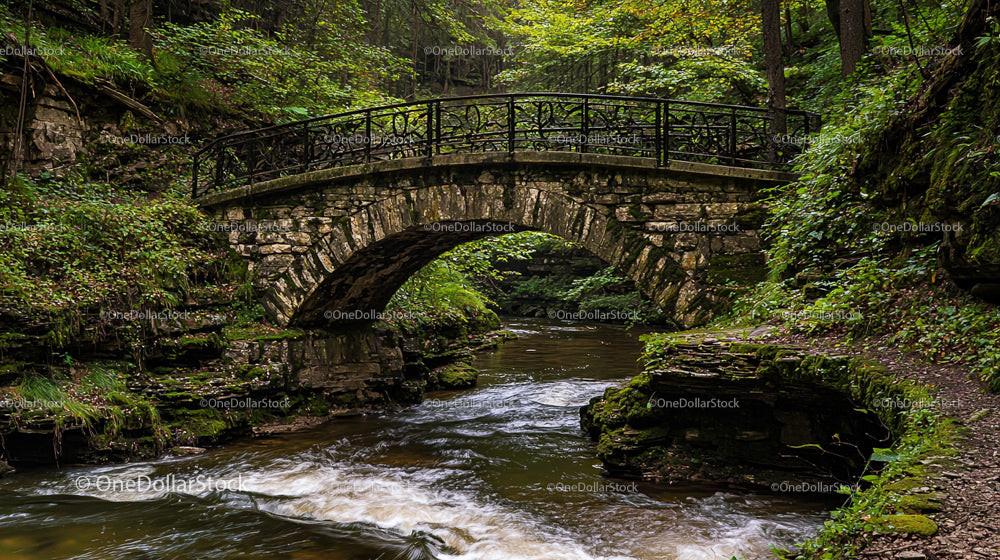 Stone Bridge Over Tranquil River in Lush Woodland