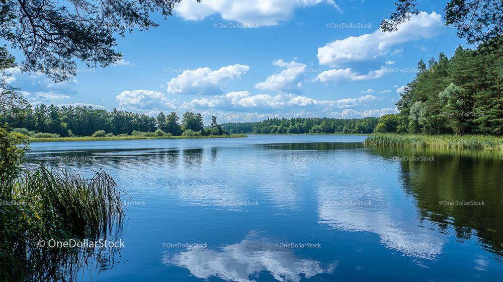 Serene Lake with Reflections Under a Blue Sky