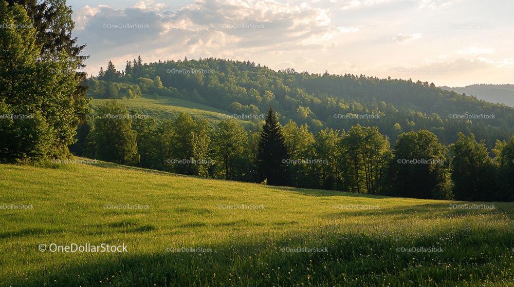 Sunlit Meadow and Lush Forest on a Tranquil Summer Day