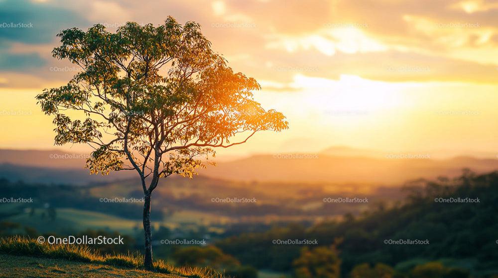 Solitary Tree Against a Stunning Sunset Horizon