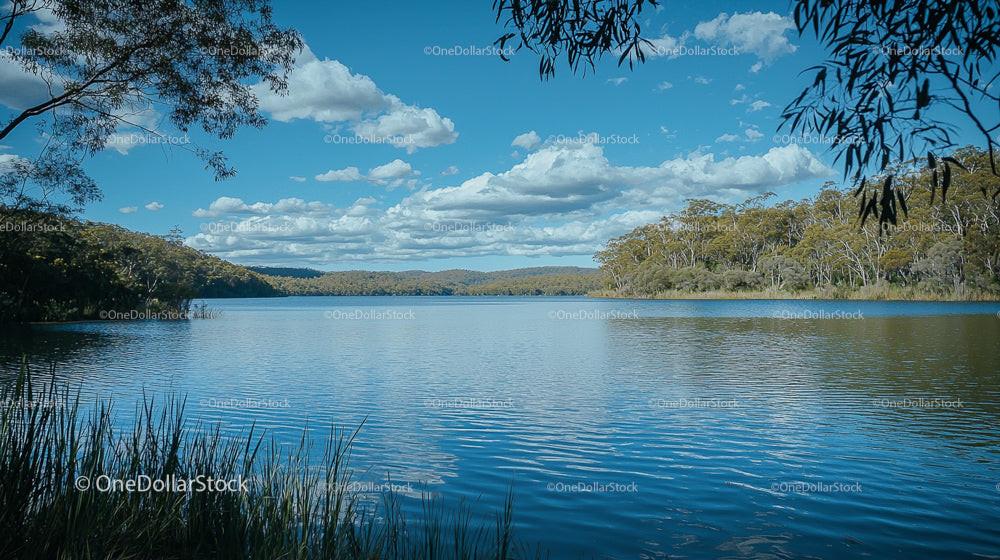 Tranquil Lake with Fluffy Clouds and Forested Hills