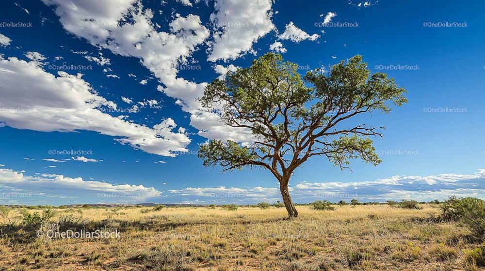 Solitary Tree in a Vast Savannah Landscape Under Blue Sky