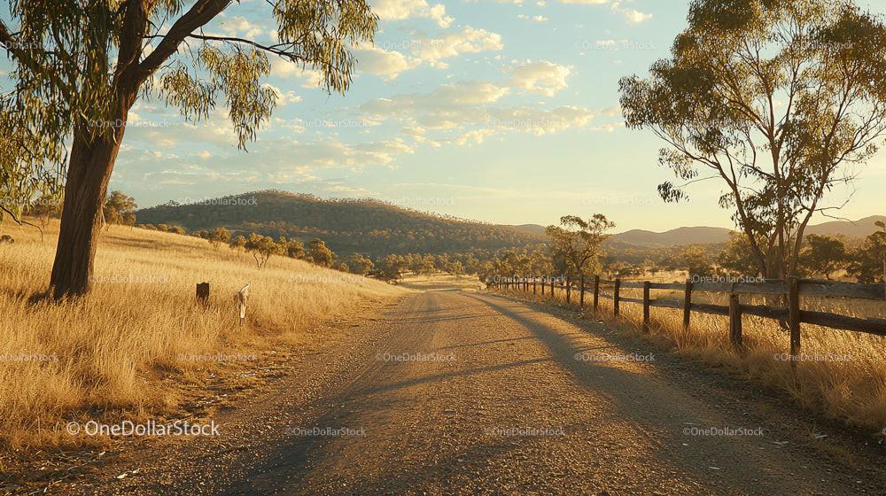 Golden Hour on a Serene Country Road in Rural Landscape