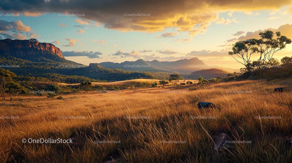 Golden Hour Landscape with Rolling Hills and Mountain Range