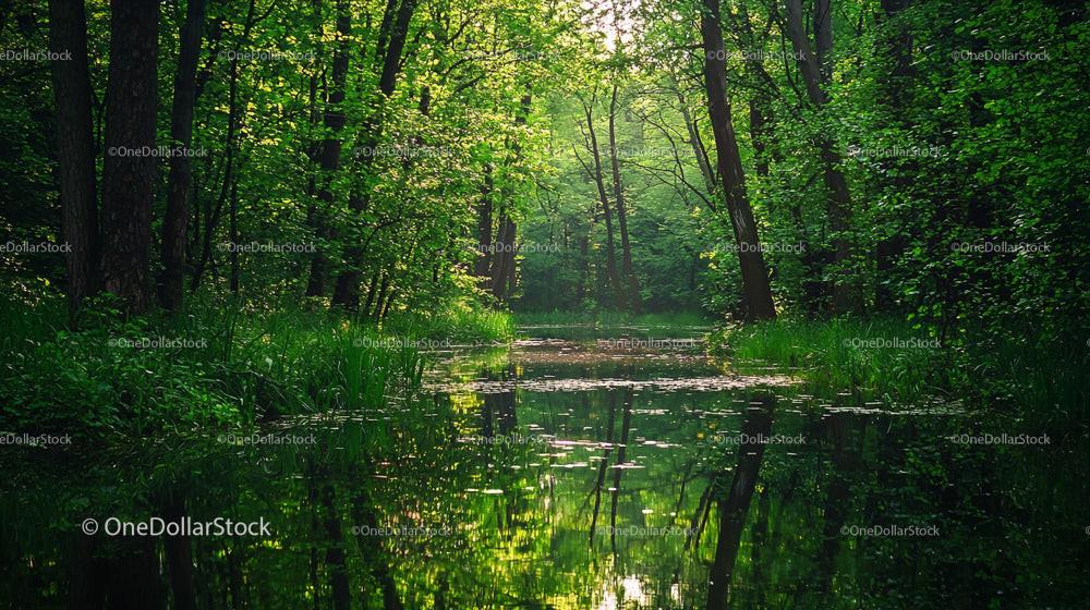 Tranquil Green Forest with Reflective Water Surface