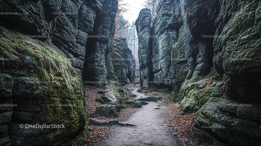 Moss-Covered Rocky Path through Majestic Natural Canyon